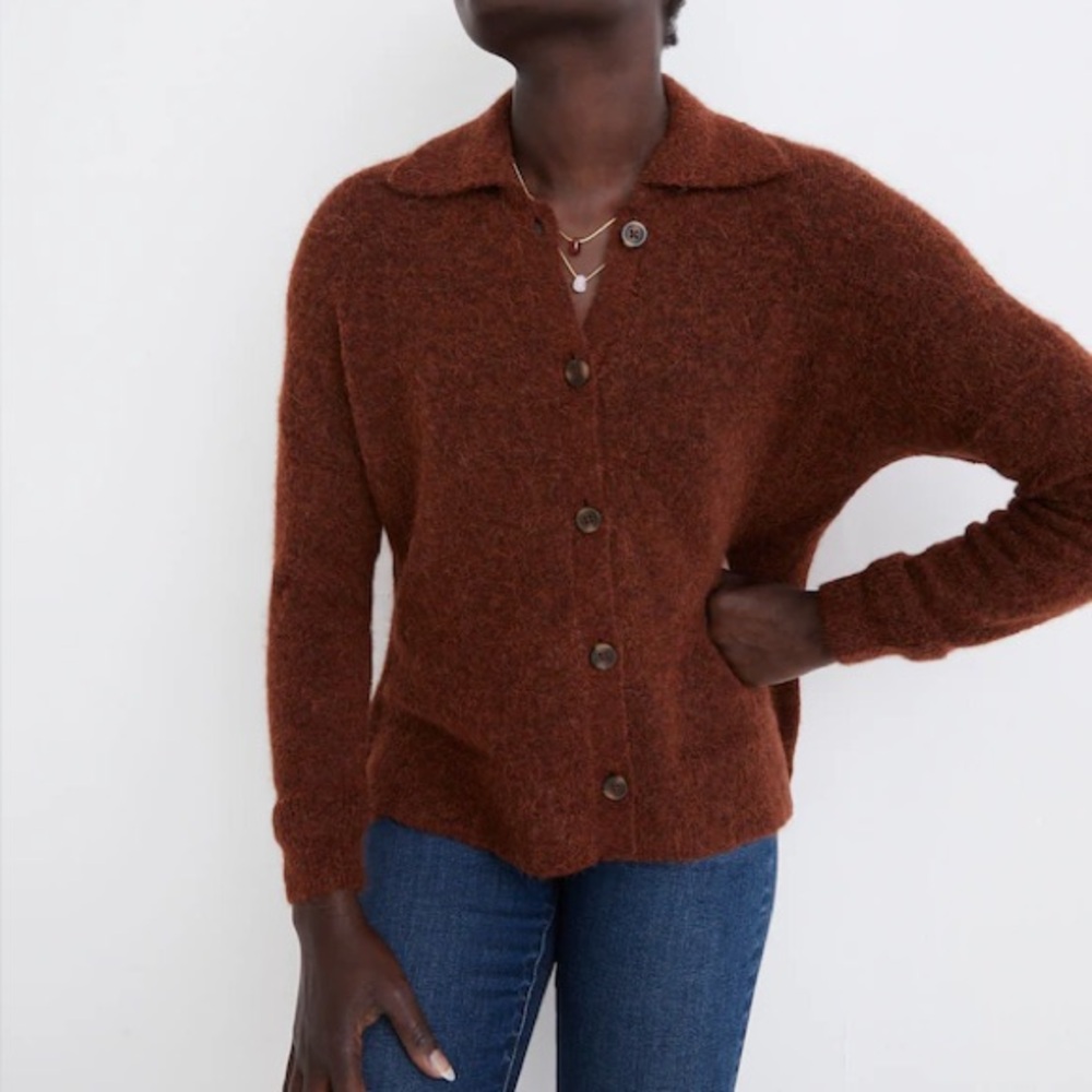 Madewell Carrabelle Polo Cardigan Alpaca Sweater Honey Mahagony